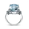 Cluster Rings OMHXZJ Wholesale European Fashion Woman Man Party Wedding Gift Oval White Light Blue Topaz AAA Zircon 18KT Gold Ring RR647