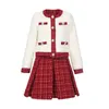 Dames costume de noël deux pièces ensemble épais hiver rouge Tweed treillis Chic veste chaud Plaid a-ligne jupe plissée costume femme 240124