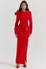 Casual Dresses Elegant Bow Cut Out Women Red Maxi Dress O-neck Long Sleeve Split Bodycon Fashion Female Chic Christmas Party Robes