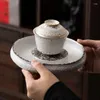 Tea Trays Ink Pottery Silver Color Ceramic Water Storage Type Pot Holder Platform Table Ceremony Tray Service