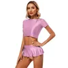 Bras sätter kvinnor Solid Short Sleeve Crop Top Round Neck Exotic Tanks med låg stigning Ruffled Miniskirt Sexig underkläder Swim Beach Wear