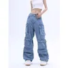 Multibolso azul lavado calças de brim carga y2k retro streetwear moda cintura alta jeans casal harajuku casual calças largas perna 240119