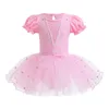 Stage Wear Rose Enfants Fille Mesh Tutu Ballet Dance Costume Paillettes Gymnastique Justaucorps Ballerine Dancewear Robe de Performance