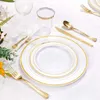 Vaisselle jetable 50 pièces assiettes en plastique doré fête avec bord pour mariage comprenant 25 salades pour dîner