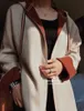 Cappotto da donna autunno e inverno loro Cardigan con cerniera e cappuccio a maniche lunghe a righe in tinta beige piana