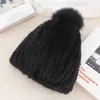 Beanie/Skull Caps Echte Nerz Pelz Hut Für Frauen Neue Marke Verdicken Weibliche Pelz Caps Damen Winter Gestrickte Nerz Pelz mützen Mit Fuchs Pelz Pompoms Hut YQ240207