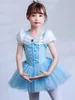 Abbigliamento da palcoscenico Abito da ballerino blu Tutu in rete per bambina Costume da ballo con apertura sul cavallo Body da ginnastica Ballerina Dancewear