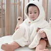 Winter Baby Hooded Cloak Infant Boys Girls Coat Outwear Windproof Coral Velvet Blanket for born Embroidered Bear Kids Clothes 240125