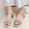 Sandales de luxe avec strass géométriques pour femmes, pantoufles d'été à bout ouvert, talons carrés verts coréens, PVC Transparent, 2024