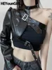 Women's T Shirts HEYounGIRL Gothic Jacket Harajuku Faux Leather PU Shirt Halter One Shoulder Crop Top Autumn Fashion Tee Femme Streetwear