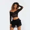 Work Dresses Women Lace Skirt Set Fairycore See Through Off Shoulder Long Sleeve Crop Tops And Mini Suit 2 Piece Outfits Streetwear
