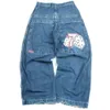 Джинсы JNCO Y2K Мужские мешковатые джинсы в стиле хип-хоп с графической вышивкой Синие брюки в стиле ретро Harajuku Готические широкие брюки с высокой талией 240129