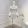 Casual Dresses Solid White 2024 Fasion High Quality Ruffles Folds Lady Slim Fit Long Sleeve Woman Balck Mini Dress