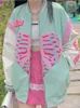 Deeptown Punk Skeleton Heart Print Hoodies Women Hip Hop Harajuku Oversized Zip Up Sweatshirts Female Retro Green Casual Jacket 240202