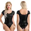 Palco desgaste mulheres metálicas ginástica collant manga curta wetlook patente couro ballet dancewear bodysuit para festival cosplay desempenho