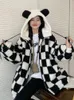 Kawaii zip up solto punk hoodies mulheres inverno engrossar checkerboard harajuku urso orelhas bonito feminino moletom casaco de grandes dimensões 240202