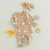 Citgeett Autumn Infant Baby Girl Footed Jumpsuit Cartoon Floral Print Långärmad dragkedja Romper Bow pannbandskläder 240118