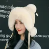 Utomhus öronflap Hat Wool Sticked Snow Ski Cap Fleece Bomber Trapper Hat Women Ushanka Faux Fox Fur Pompom Winter Russain Cossack 240122