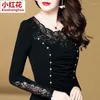Женские блузки Женская блузка Кружевная зимняя черная сетка с длинными рукавами Топ Blusas Ropa De Mujer
