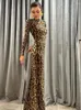 Vestidos casuales Manga larga Slim Leopard Print Manga Maxi Vestido Mujeres Elegante Fit Robes 2024 Moda Lady Party Prom Vestidos