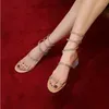 Kleid Schuhe Frauen Sandalen 2024 Sommer Strass Knöchelriemen Römische Damen Hohe Dicke Quadratische Absätze Einfachheit Sexy Weibliche