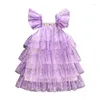 Flickklänningar Citgeesummer Kids Girls Princess Dress paljetter Fly Sleeve Ruffles Party Purple Clothes