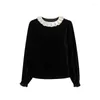 Women's T Shirts 2024 Autumn/Winter Retro Versatil Velvet Lace Neck Top for Women 85100