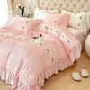 French Embroidered Lace Bubble Gauze Bedding Set Pink Elegant Princess Style Queen Duvet Cover Ruffled Comforter Sets 240131