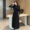 Casual Dresses Autumn Winter 2024 Slim Long Sleeve Party Midi Dress for Women Sticked Half High Collar Elegant tröja Damer