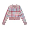 Kvinnors stickor VII 2024 Knit Fall Winter Clothing Red Checkered Vintage broderade kofta tröja Kvinnor Erbjudande