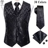Hitie designer jacquard seda mens colete sem mangas cintura jaqueta puro preto floral colete pescoço gravata hanky abotoaduras conjunto para homem 240119