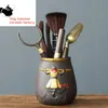 Teezeremonie im chinesischen Stil, sechs Gentleman-Teepinsel aus massivem Holz, Teetisch, Affenkönig, Aufbewahrungsbehälter, lila Ton-Teeservice, Zubehör 240118