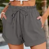 Shorts pour femmes Femmes Été Taille élastique Cordon de serrage Couleur unie Chemise au-dessus du genou Longueur Poches d'usure quotidienne High F