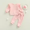 Citgeett Spring Valentine's Day Kids Girls Suit Set Solid Color Long Sleeve Ruffle Tops Bowknot Trousers Autumn Clothes 0-24M 240124