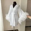 Women's Sleepwear White Boudoir Wedding Short Length Stain Silk Lingerie Bride To Be Hen Party Dress Maxi Dressing Gown Robes Feather Robe