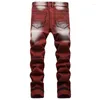 Jeans pour hommes Jeans pour hommes Casual Mode Sports Pantalons élastiques droits Zipper Quatre saisons Rouge Slim Loose Hommes ZIXM