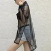 Women's T Shirts Fashion Mesh Sheer Black Top Button Solid Long Beach Cover Up Sexy Loose Basic 2024 Summer Club Party Wear