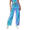 Calças femininas metálicas brilhantes calças elásticas cintura solta casual longo jogging bottoms cera mulheres baggy couro