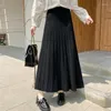 Saias de malha longa mulheres moda coreana saia plissada feminina outono inverno solto midi senhora casual cintura alta t693