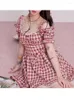 Party Dresses Kawaii Mori Girl Checkerboard Plaid Square Collar For Women Sweet Bow Casual One-Piece Garment Horn Sleeve Ball Gown Office