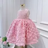 2024 New Pink Rose Flower Flower Girl Dresses Jewel Neck Ball Gow Sciren Beads Princess Girls Pageant Dress Baby Kids 생일 첫 성찬식 가운 403