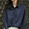 Kvinnors blusar Kvinnor toppar eleganta vintage satin affärsbluss för fast färg långärmad lapel skjorta formell ol pendelfjäder
