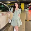 Casual Dresses Women Solid Fashion Leisure Folds Candy Color Sweet A-Line Studenter Charming Fit Japanese Style V-Neck enkel Daily Chic