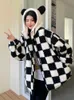 Kawaii zip up solto punk hoodies mulheres inverno engrossar checkerboard harajuku urso orelhas bonito feminino moletom casaco de grandes dimensões 240202