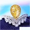 Anneaux de mariage Bijoux de luxe à la mode Goutte d'eau en forme de poire Diamant jaune Pt950 Bague de fiançailles en platine Bouche ouverte pour les femmes Livrer DH2JO