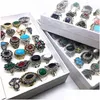 Cluster Rings Wholesale 24Pcs/Lot Womens Vintage Jewelry Antique Sier Plated Gold Color Rhinestone Gem Ring Brand Mixed Styles With Dhs4O