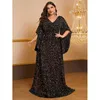 Plus Size V-Ausschnitt glänzendes langes Abendkleid mit unregelmäßigen Ärmeln 5XL6XL Big Size glänzendes Luxus-Schwarzes Hochzeitsbankett-Abschlussball-Abendkleid 240202