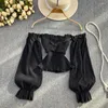 Women's Blouses Girl Sexy One-shoulder Off-the-shoulder Edge Bubble Long-sleeved Slim Fit Short Top