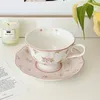 Französisches rosa Kaninchen-Druck-Vintage-Kaffeetasse- und Untertassen-Set aus Keramik, süßer Mädchen-Nachmittagstee, dunkel 240129