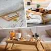 キャンプ家具ポータブル竹の木製ベッドトレイ朝食ラップトップデスクティーサービングテーブル折りたたみ脚デスク24